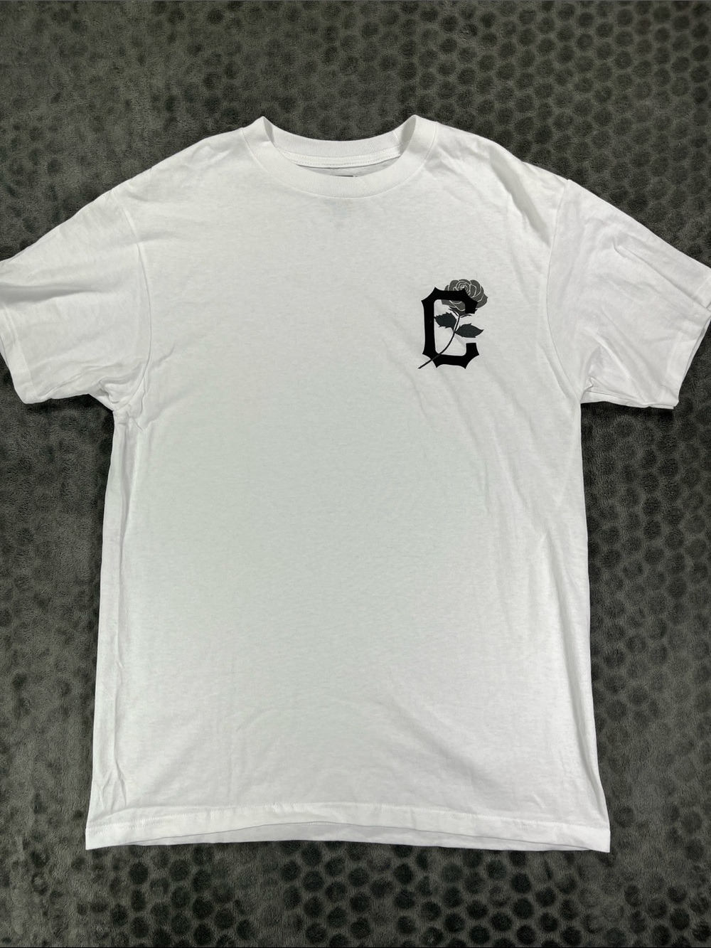 Men's White Short-Sleeve Thorns Tee with Black 'C' and Rose graphic